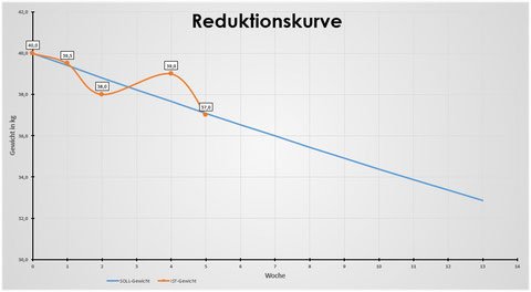 Reduktionskurve (blaue Linie: So sollte der Verlauf der Gewichtsabnahme sein, orange Linie: aktuelles gemessenes Gewicht in der jeweiligen Messwoche)