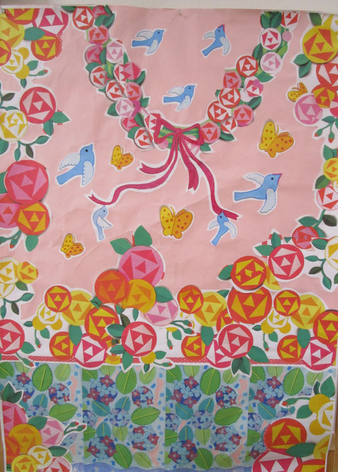 今月の壁飾り作りはバラ園に遊ぶ小鳥と蝶たち。紫陽花も満開です。
