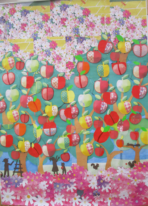 今月の壁飾り作りはリンゴ園とコスモスの丘。おいしそうなリンゴ！！