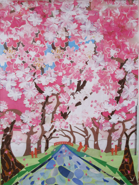 春の壁飾りは、桜満開の川べりの散歩道です。青い空に桜色が映えますね。