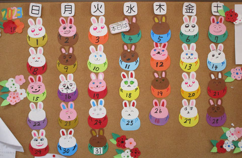 1月の壁ボードカレンダーはウサギさんの百面相。いろいろな表情がありますよ。