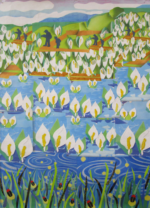 今月の壁飾り作りは水芭蕉の湿原です。蛍が飛び始める時間のようです。