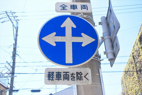 異形矢印標識(指定方向外進行禁止)。静岡県静岡市駿河区にある。