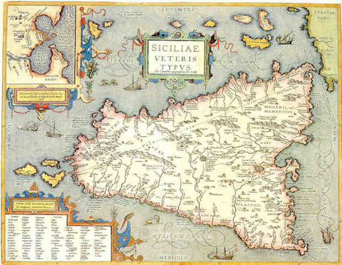Carta della Sicilia di Abraham Ortelio 1584 (tratta da E. Iachello, a cura, L'isola a tre punte. La Sicilia dei cartografi dal XVI al XIX secolo, Catania 1999)