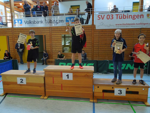 Die Sieger der U11-Konkurrenz: 1. Leon Fröhlich, SV 03 Tübingen; 2. Mika Sachs, SV 03 Tübingen; 3. Katharina Brunotte, SV Weilheim und Lysander Kiosoglou, SV 03 Tübingen