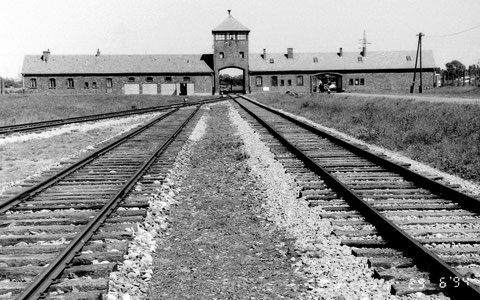 Lagertor (Hauptwache)  von Auschwitz-Birkenau (Auschwitz II) vom Lager aus gesehen. Die Gleise endeten zwischen den Krematorien II und III wie auf dem letzten Bild zu sehen ist.