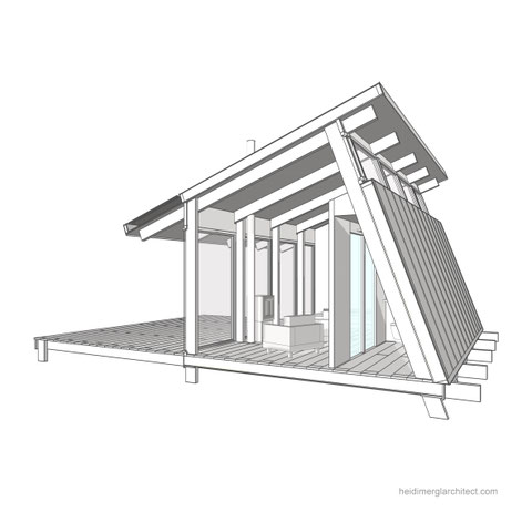 Sectional perspective sketch to illustrate a tiny house interior by Heidi Mergl Architect