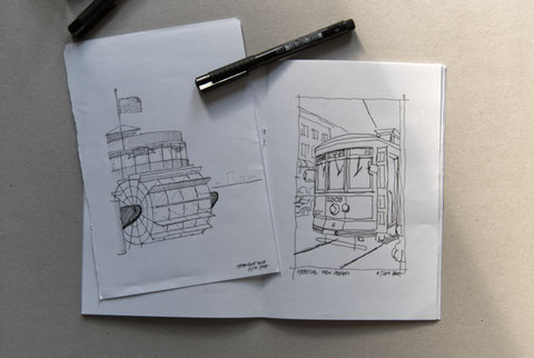Steam Boat and Streetcar Sketch by Heidi Mergl Architect