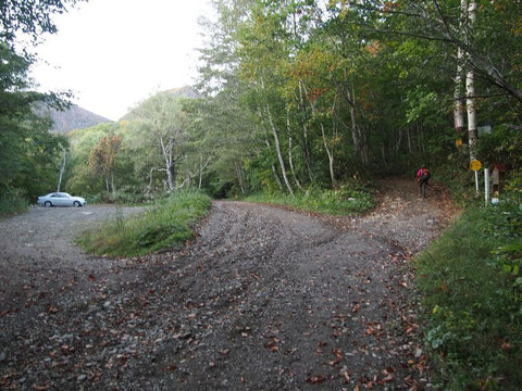 林道北側から見て左側駐車場・右側作業道が登山道（登山届けポストあり）