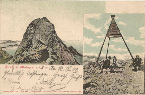Mangart-Gipfelrast 100 Jahre früher - Gruß vom Mangart am 10.09.1903
