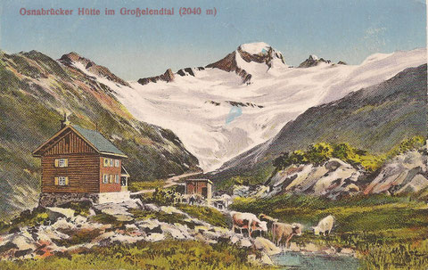 Die alte, 1899 eröffnete Osnabrückerhütte, die im Winter 1928/29 durch eine vom Schwarzhorn abgehende Lawine zerstört wurde