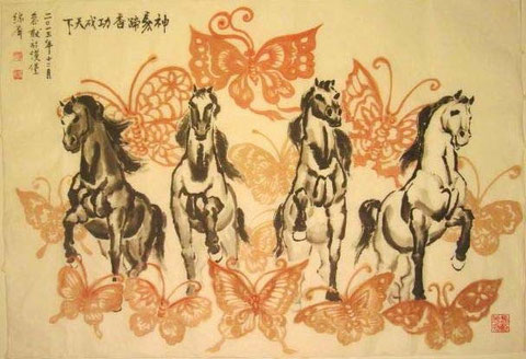 Künstlerin Lüping Tan, Pferde vom Brandenburger Tor, Berlin grüßen zum Chin.Neujahr