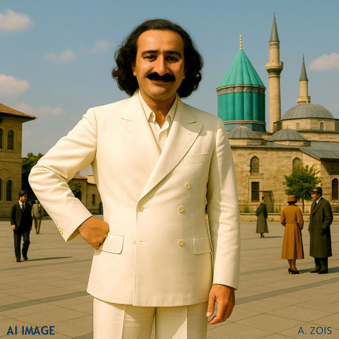 THis AI image shows Meher Baba in Konya with the Rumi's Tomb-Museum in the background. Image produced by Anthony Zois.