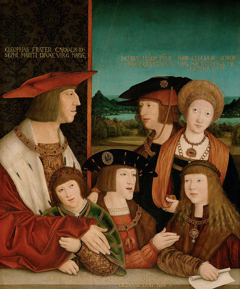 Kaiser Maximilian und seine Familie, gemalt von Bernhard Strigel, nach 1515, Kunsthistorisches Museum Wien. Von links: Maximilian, seine Enkel Ferdinand I. und Karl V., sein Sohn Philipp der Schöne, Maria von Burgund und sein Schwiegerenkel Ludwig II.