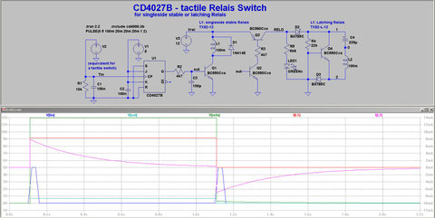 fig. 1 blue: tactile switch pulse - light blue: trigger voltage of switching transistor - green: supply rail for pulser circuit - red and magenta: relais coil currents