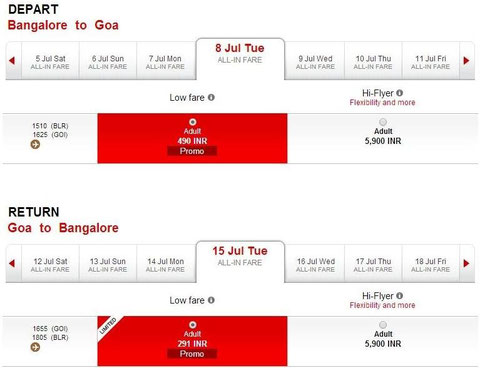 バンガロール・ゴア便は一部490Rs,291Rsなどで販売された模様