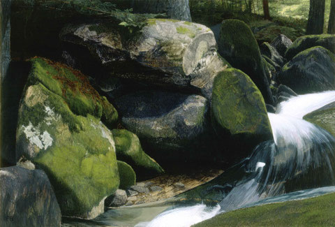 francois beaudry egg tempera painting landscape cascade rocks moss dog via appalachia series 1