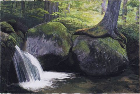 francois beaudry pastel and watercolor painting landscape water rocks tree via appalachia series 7