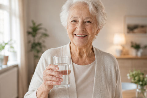 Seniorin mit einem Glas Wasser – Warnzeichen von Flüssigkeitsmangel im Alter erkennen