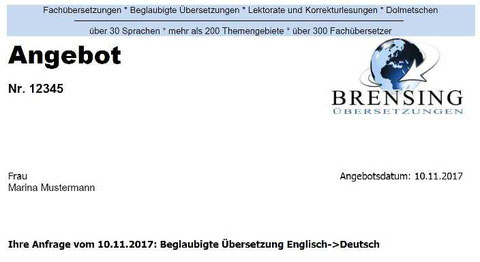 Angebot für beglaubigte Übersetzung