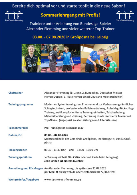 Saisonvorbereitung in Großpösna bei Leipzig 03.08. - 07.08.2026