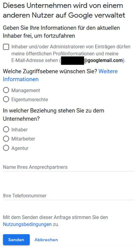 Folgende Informationen muss man für den aktuellen Inhaber des Google Eintrags angeben.