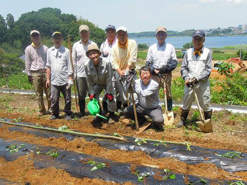 サツマイモ畑への苗の植え付けが完了し、記念撮影