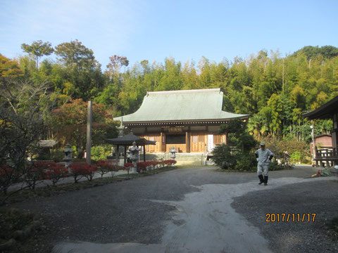 福満寺の本堂とその裏手の竹林