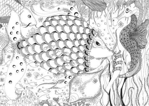 Postkarte "Unterwasserwelt" Vorderseite S/W Zentangle durchsichtiger Fisch Seepferdchen