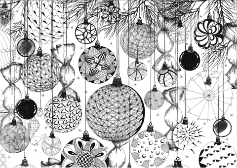 Postkarte "Glitzerkugeln" Vorderseite S/W Zentangle Baumbehang Weihnachtskugeln gezeichnet