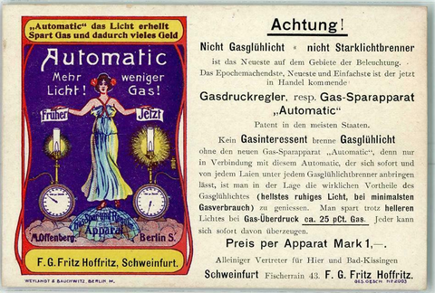 Im Fischerrain 43 war die Firma Fritz Hoffritz situiert, die hier für einen neuen Gasdruckregler auf einer Postkarte warb.