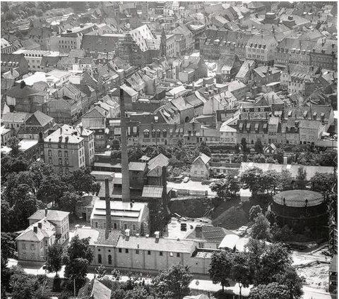 Luftbild 1959 - im Vordergrund das Gaswerk