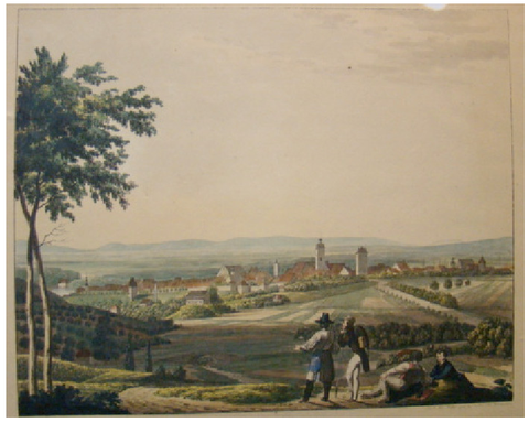 Ansicht 1836 von Norden (Mitternachtseite) mit Obertor - von Andreas Friedrich Kornacher