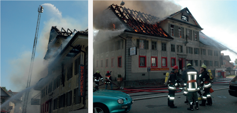 Abb.6+7: Grossbrand an der Luzernerstrasse im Jahr 2006: Zwei Wohnhäuser, eine Autogarage und das ehemalige Gasthaus Löwen gingen in Flammen auf. Knaben hatten mit Zündhölzern Zeitungen in Brand gesteckt.