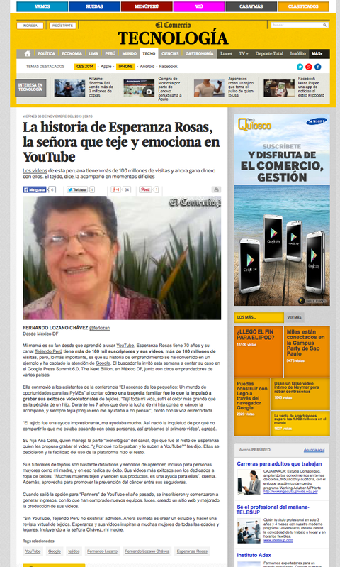 Esperanza Rosas de Tejiendo Perú en el diario EL Men