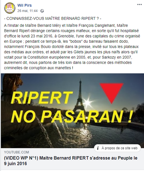 Facebook WIL PIRS Maître Wildfried PARIS AVOCAT DISSISENT Menacé de mort en FRANCE www.jesuispatrick.fr ALERTE ROUGE www.alerterouge-france.fr