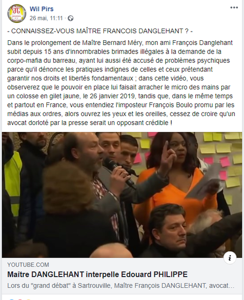 Facebook WIL PIRS Maître Wildfried PARIS AVOCAT DISSISENT Menacé de mort en FRANCE www.jesuispatrick.fr ALERTE ROUGE www.alerterouge-france.fr