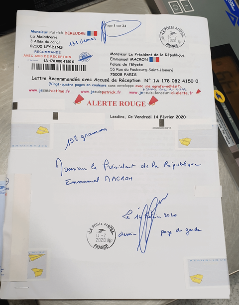 Ma lettre recommandée N° 1A 178 082 4150 0 de Vingt-Quatre Pages en Couleurs du  14 Février 2020 à Monsieur Emmanuel MACRON le Président de la République Page de Gardewww.jesuispatrick.fr