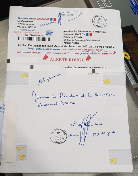 Ma lettre recommandée du 14 Février 2020 N° 1A 178 082 4150 0 de vingt-quatre pages en couleurs que j'ai adressé à Monsieur Emmanuel MACRON le Président de la République www.jesuispatrick.fr