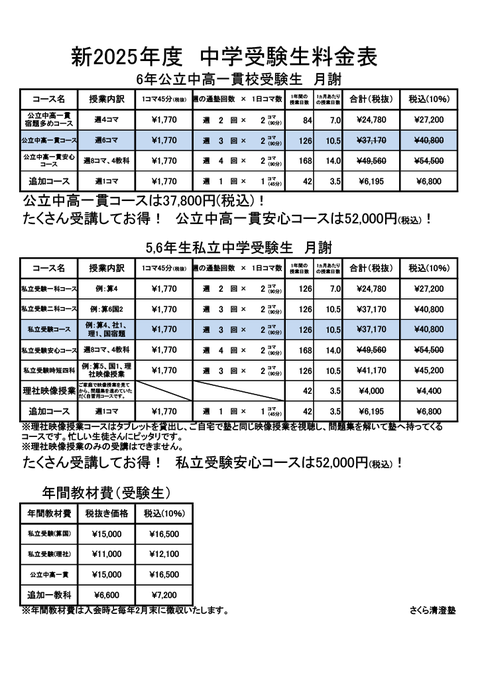 さくら清澄白河塾　中学受験料金表