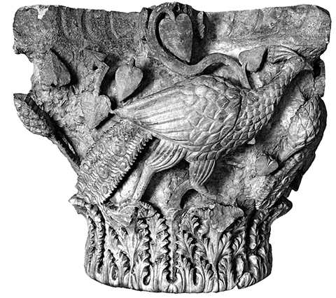 Peackock capital from the episcopal basilica in Stobi.