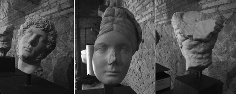 From left to right the three heads in Göktepe marble identified at the Hadrian’s Villa: Hadrian (VA3), fragmentary head of Vibia Sabina (VA2), and Vibia Sabina (VA1).