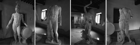 From left to right the four sculptures in Docimium marble sampled at the Hadrian’s Villa: Ares (VA12), Hermes (VA15), Amazon from Phidias (VA14) and Amazon from Polyclitus (VA13).