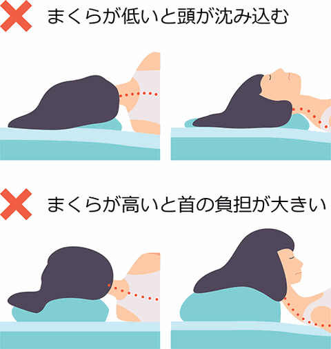 ×まくらが低いと頭が沈み込む　×まくらが高いと首の負担が大きい