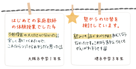 大阪市中学1年生_はじめての体験で、予習復習の大切さがわかった。楽しく教えてくれたのでこれなら続けられそう(手書きの画像) |堺市中学3年生_塾からの切替を検討しています。塾より話がわかりやすくてこれなら頑張れそう(手書きの画像)