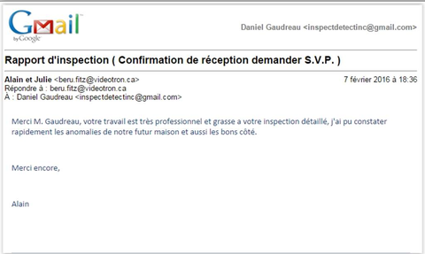 Message de satisfaction de client d'INSPECTDETECT INC.  à notre inspecteur en bâtiment Daniel Gaudreau