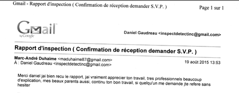 Message d'un de nos client satisfait du service de notre inspecteur en bâtiment Daniel Gaudreau chez Inspectdetect Inc.