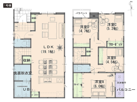 岡山市北区富田の新築 一戸建て分譲住宅の間取り図