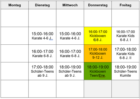 Stundenplan Karate Kinder Möhringen und Tuttlingen