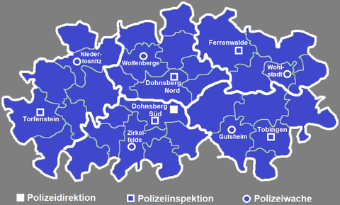 Polizeidienststellen im Landkreis, die dunkelblauen Linien markieren das jeweilige Zuständigkeitsgebiet eines Reviers (gilt nicht für die Autobahnpolizei)